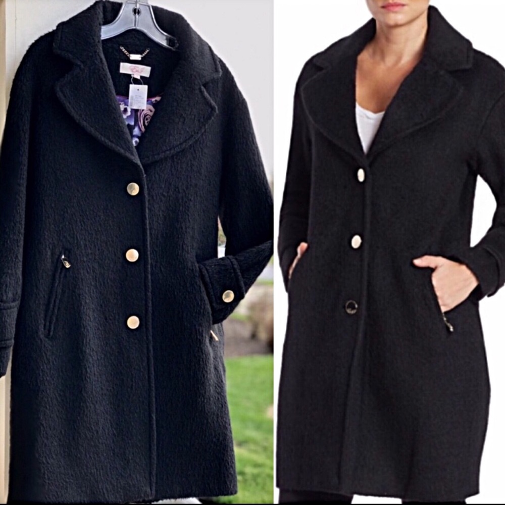 TGIBF Sale NWT Eliza J x Saks Classic Chic Navy Mid Wool Trench Coat - Picture 5 of 8